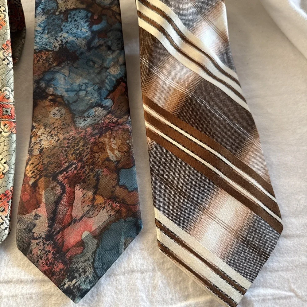 3 VTG Wemlon Wembley Mens Neck Tie Brown Stripes Groovy Swirl 70s Retro Geo 4